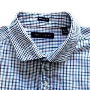 TOMMY HILFIGER Button Up Check Shirt Preppy Nautical Blue Purple 16 1/2 Large